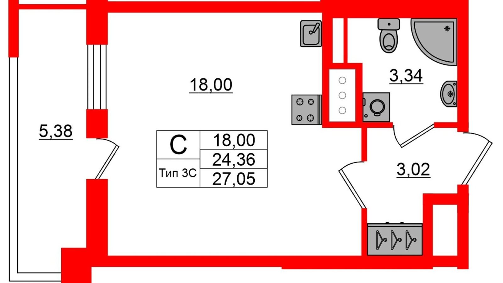 Планировка: студия, 24,4 м²