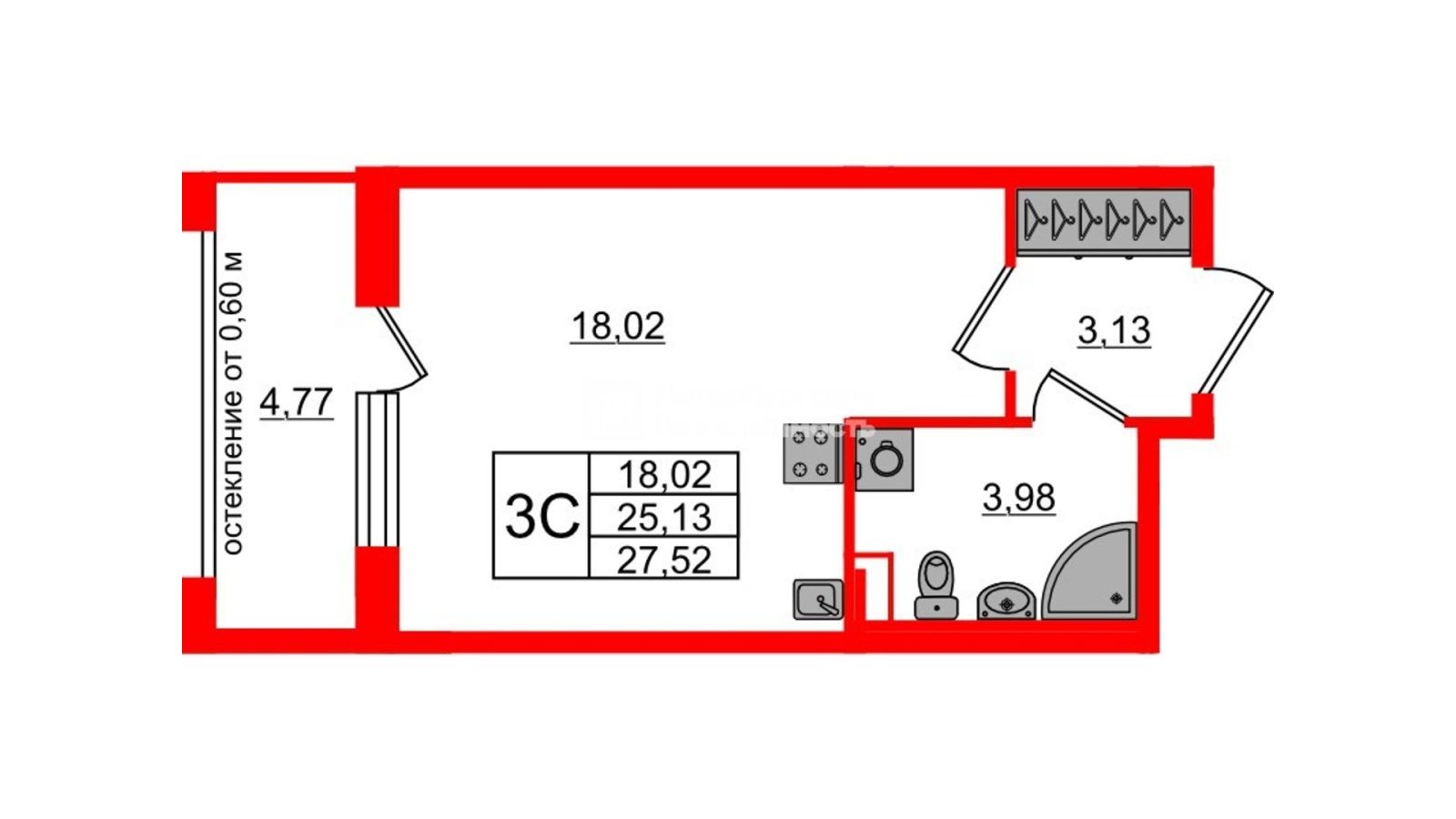 Планировка: студия, 25,1 м²