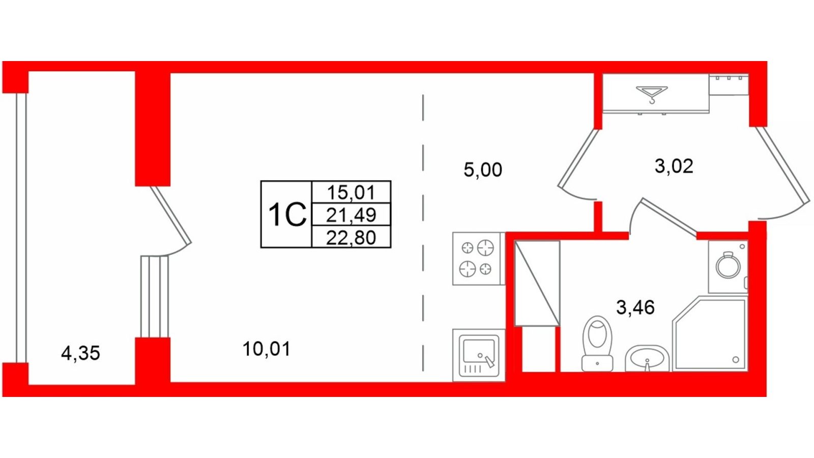 Планировка: студия, 21,5 м²