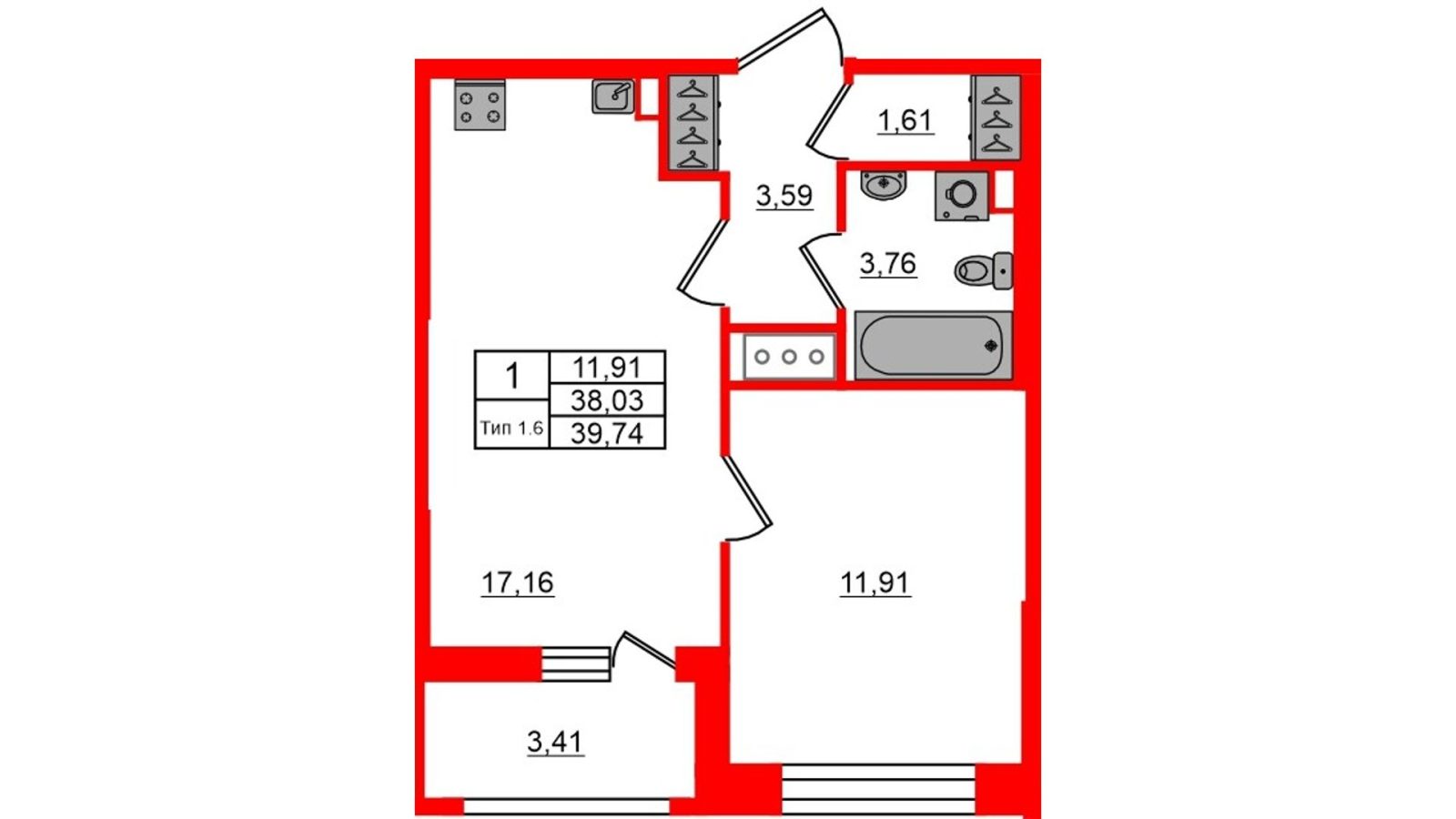Планировка: 1-комнатная квартира, 38,0 м²