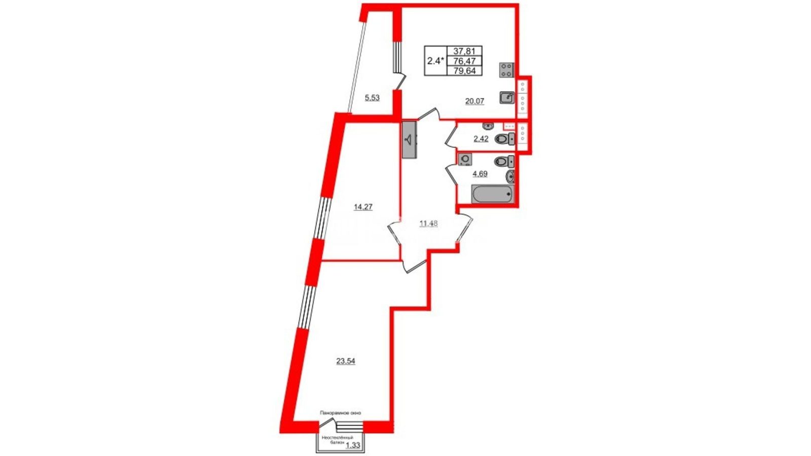 Планировка: 2-комнатная квартира, 74,5 м²