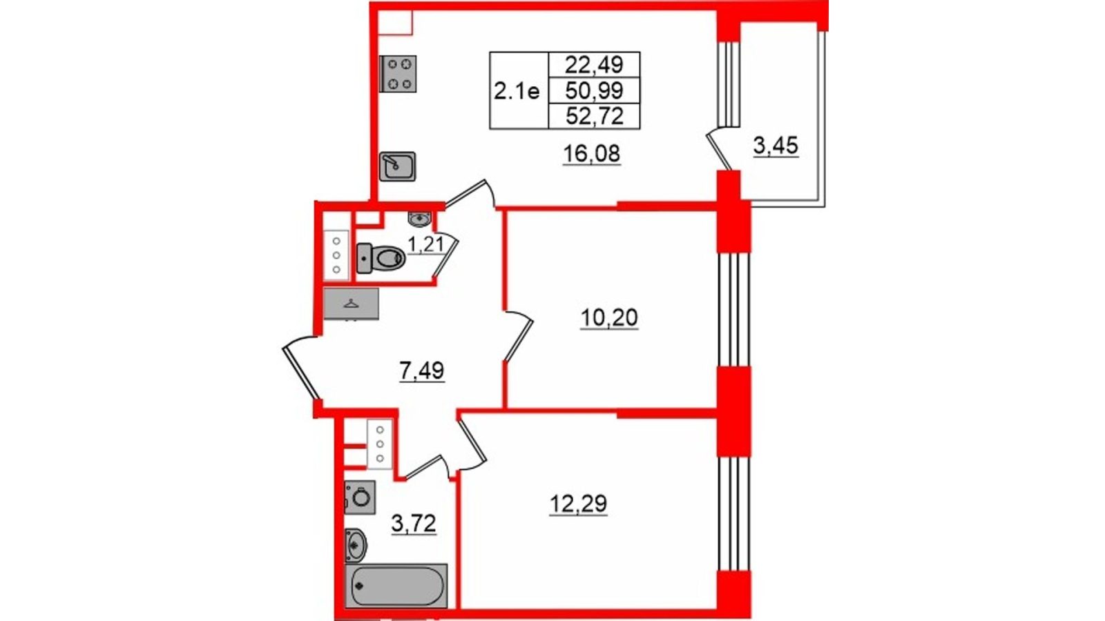 Планировка: 2-комнатная квартира, 51,0 м²