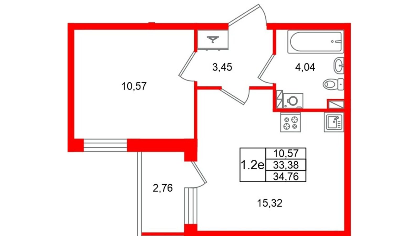 Планировка: 1-комнатная квартира, 33,4 м²