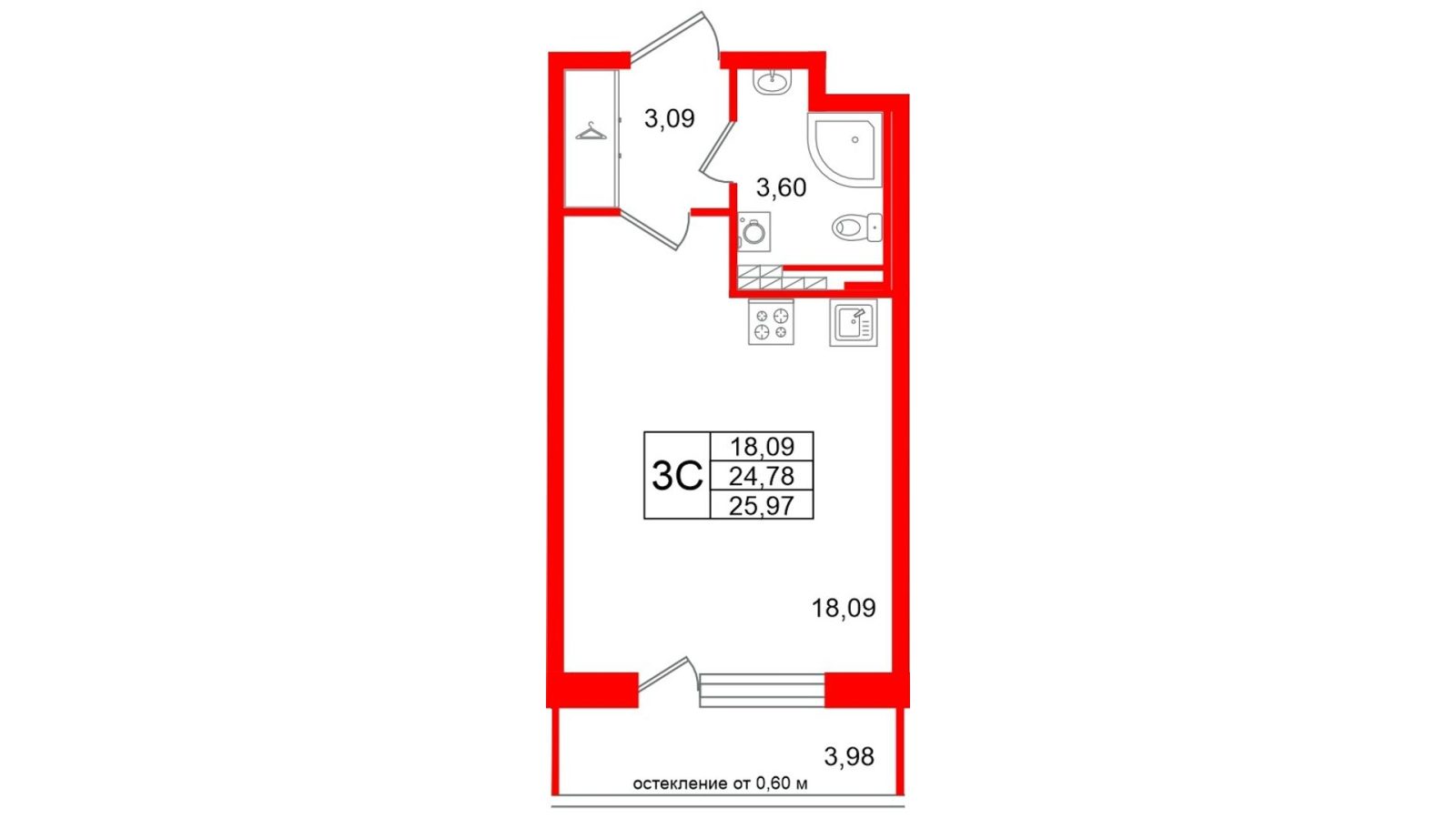 Планировка: студия, 24,8 м²