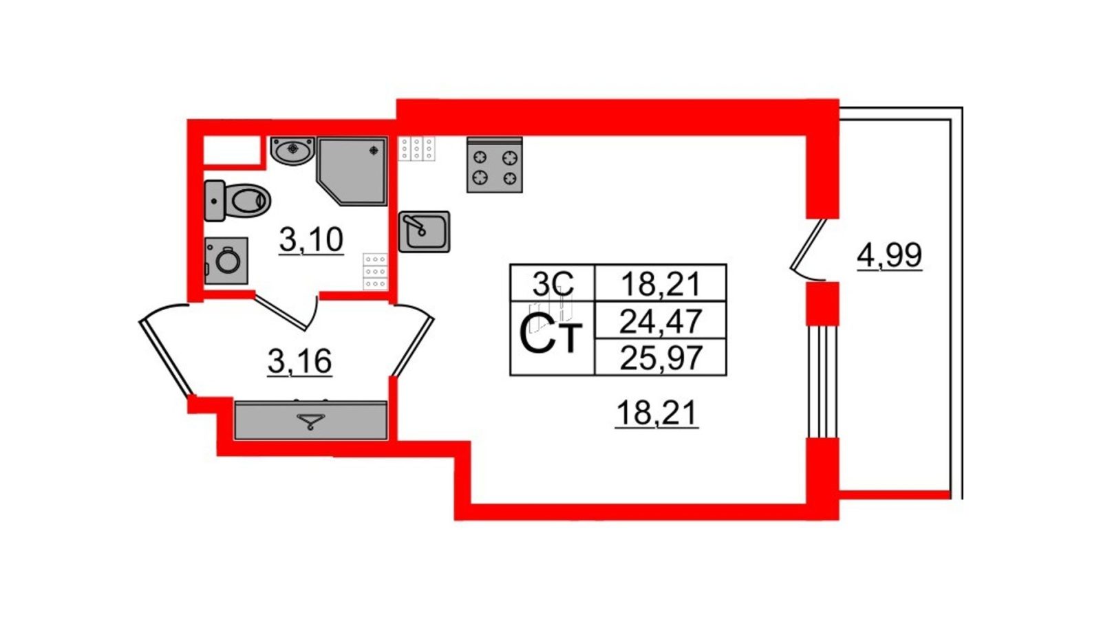 Планировка: студия, 24,2 м²
