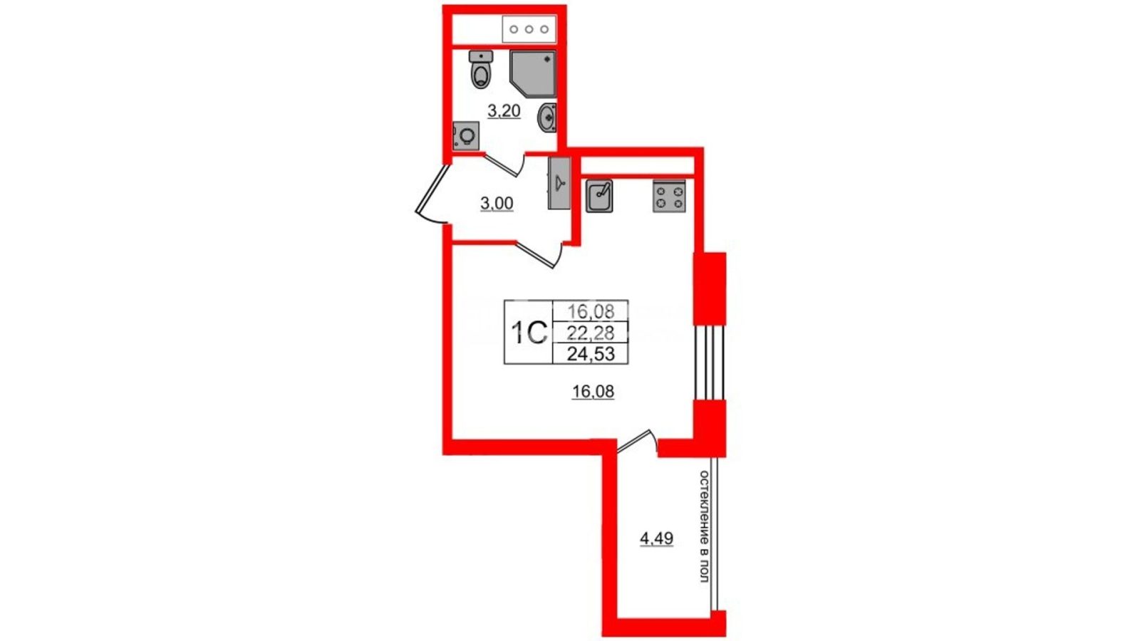 Планировка: студия, 22,3 м²