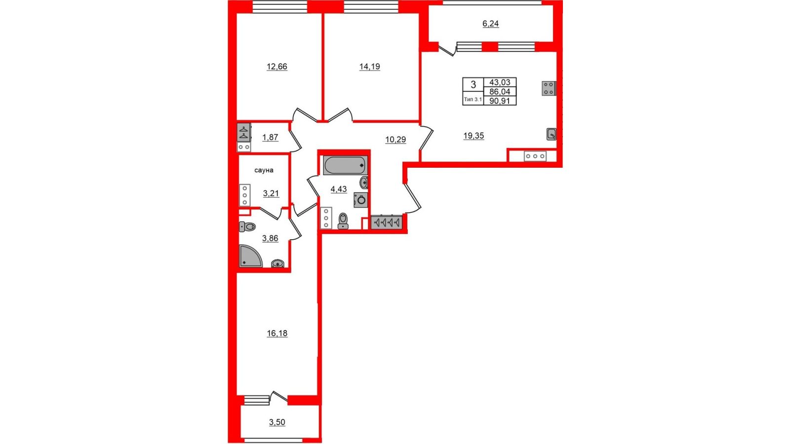Планировка: 3-комнатная квартира, 86,0 м²