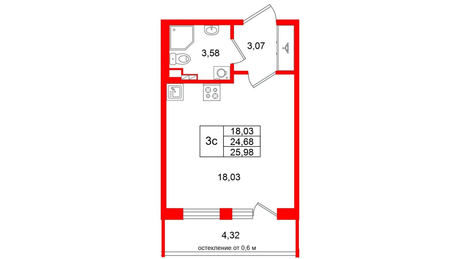 Планировка: студия, 24,7 м²