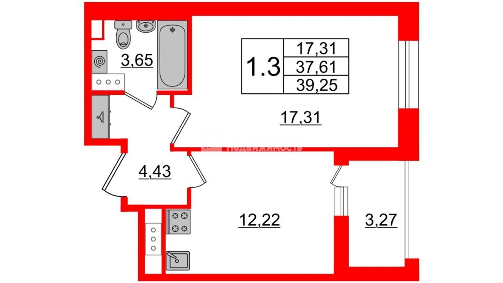 Планировка: 1-комнатная квартира, 37,1 м²