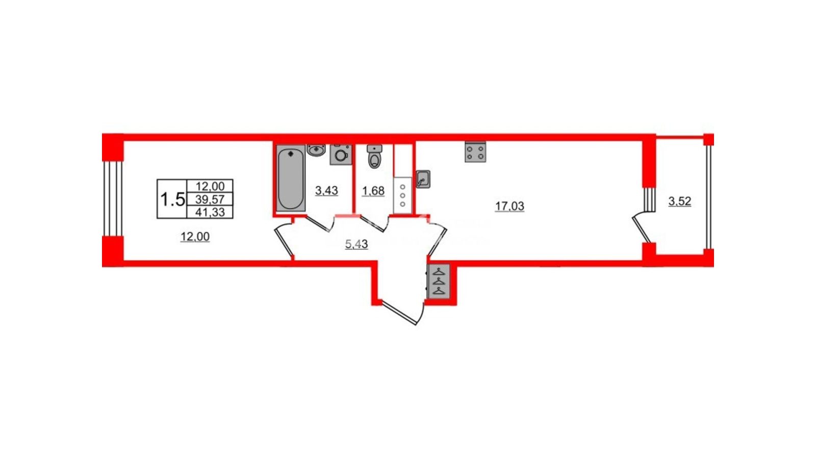 Планировка: 1-комнатная квартира, 39,6 м²