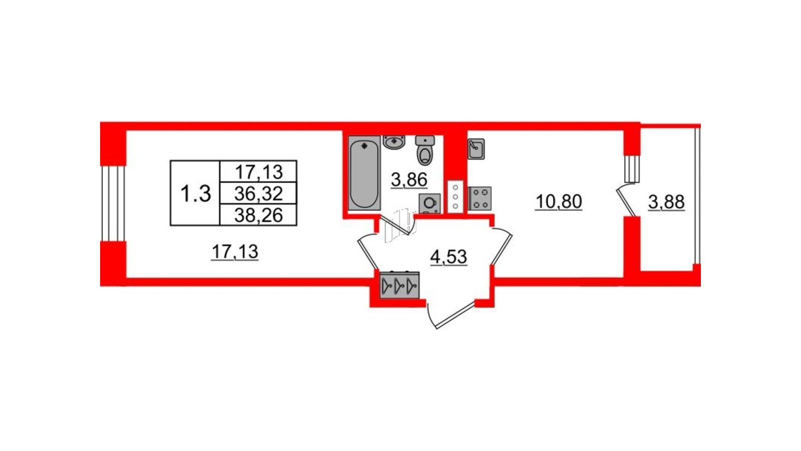 Планировка: 1-комнатная квартира, 36,3 м²