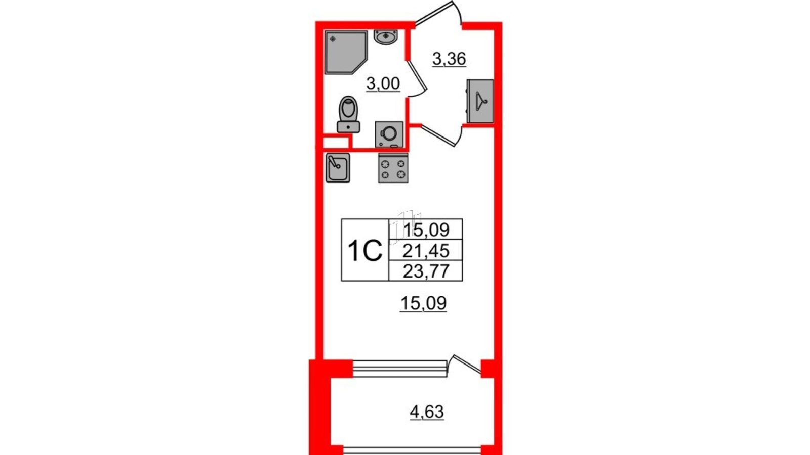 Планировка: студия, 21,5 м²