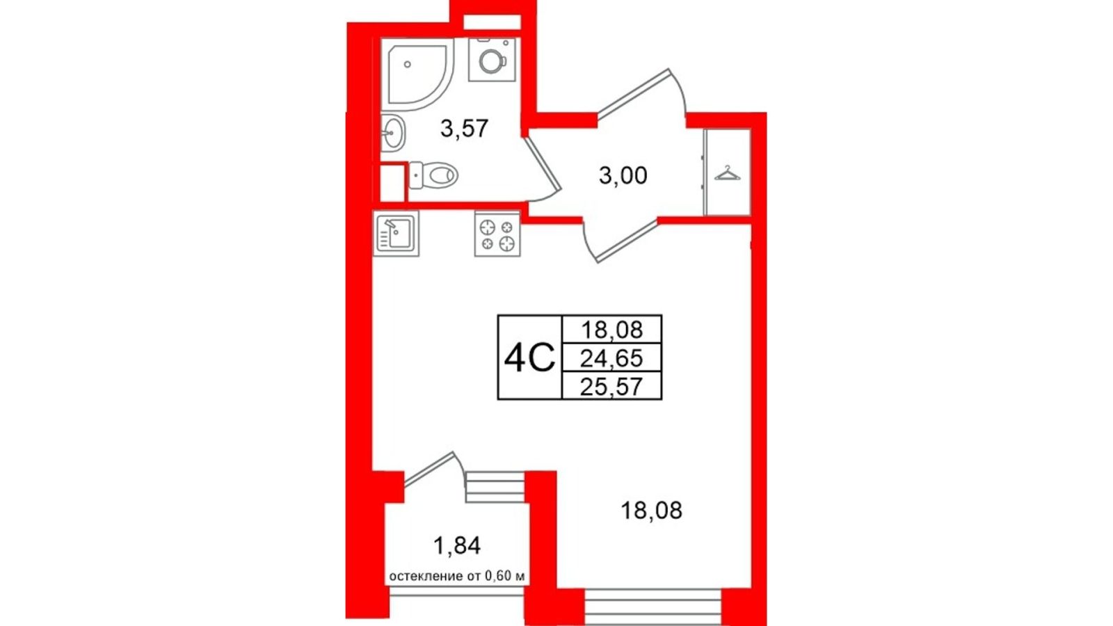 Планировка: студия, 24,7 м²