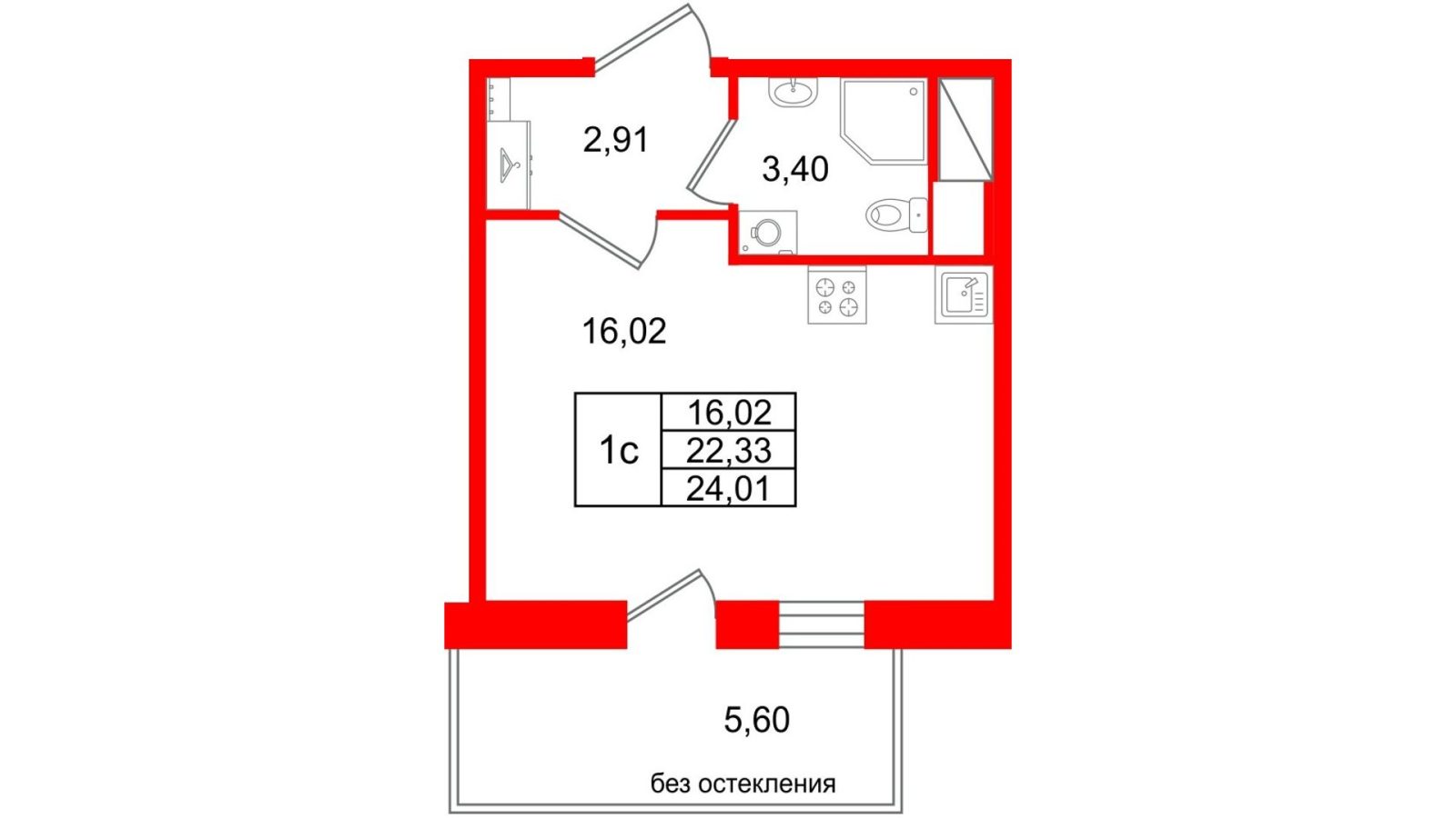Планировка: студия, 22,3 м²