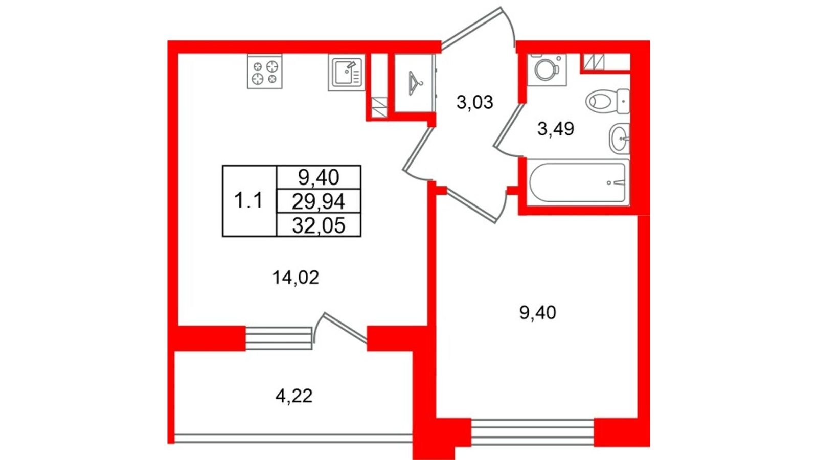 Планировка: 1-комнатная квартира, 29,9 м²