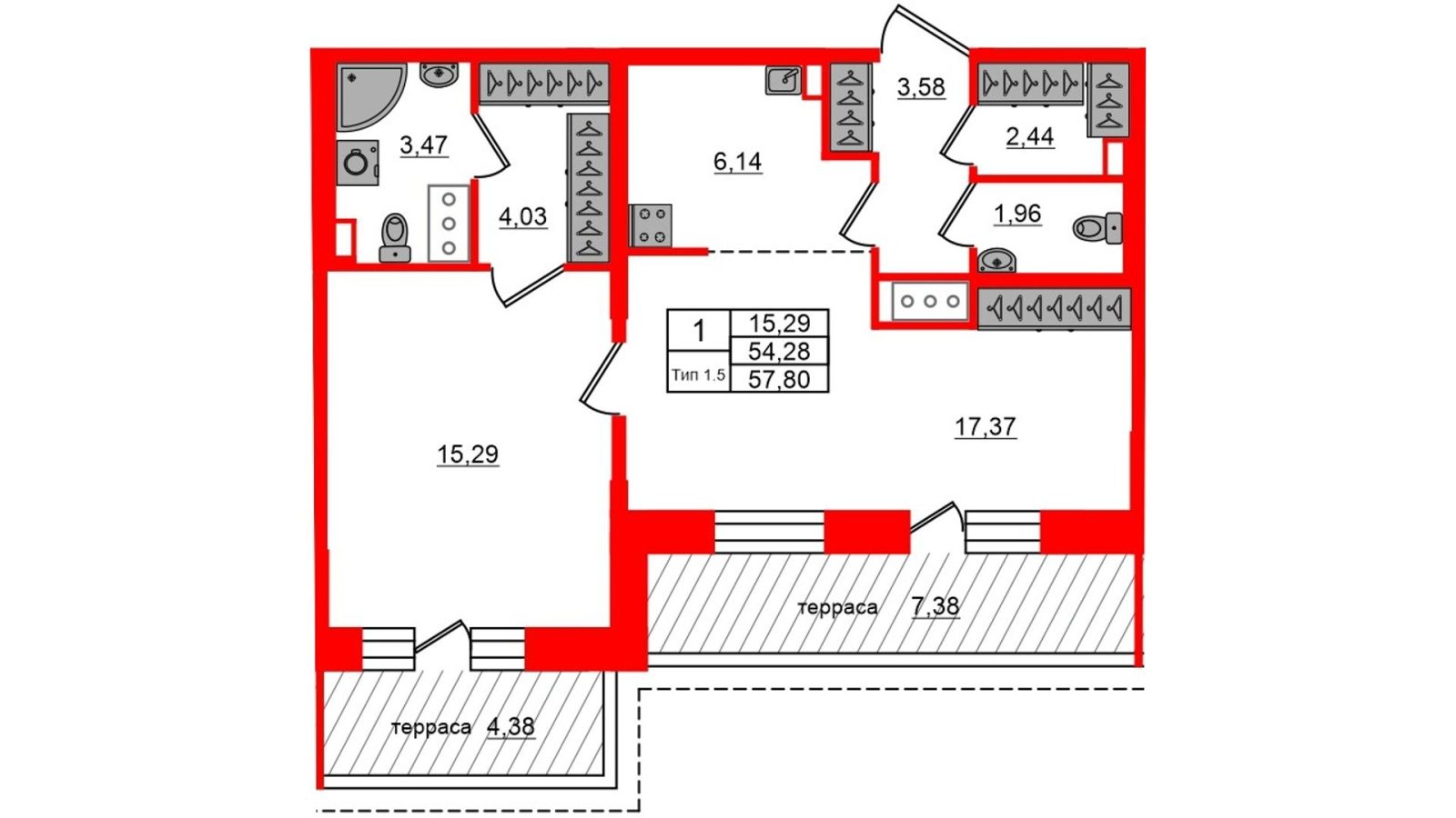 Планировка: 1-комнатная квартира, 54,3 м²