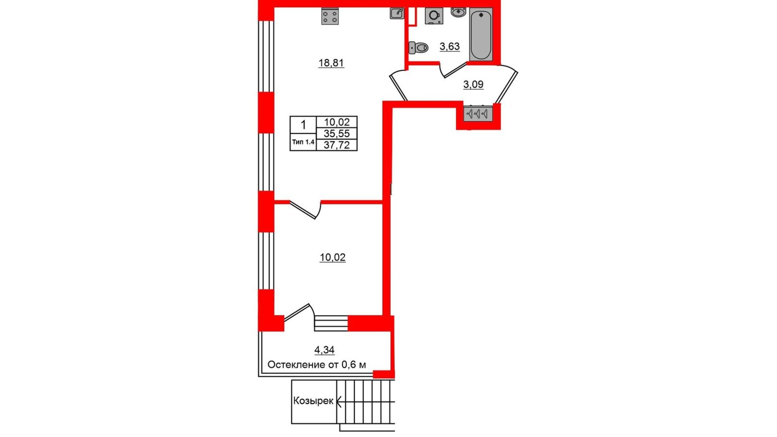 Планировка: 1-комнатная квартира, 35,6 м²