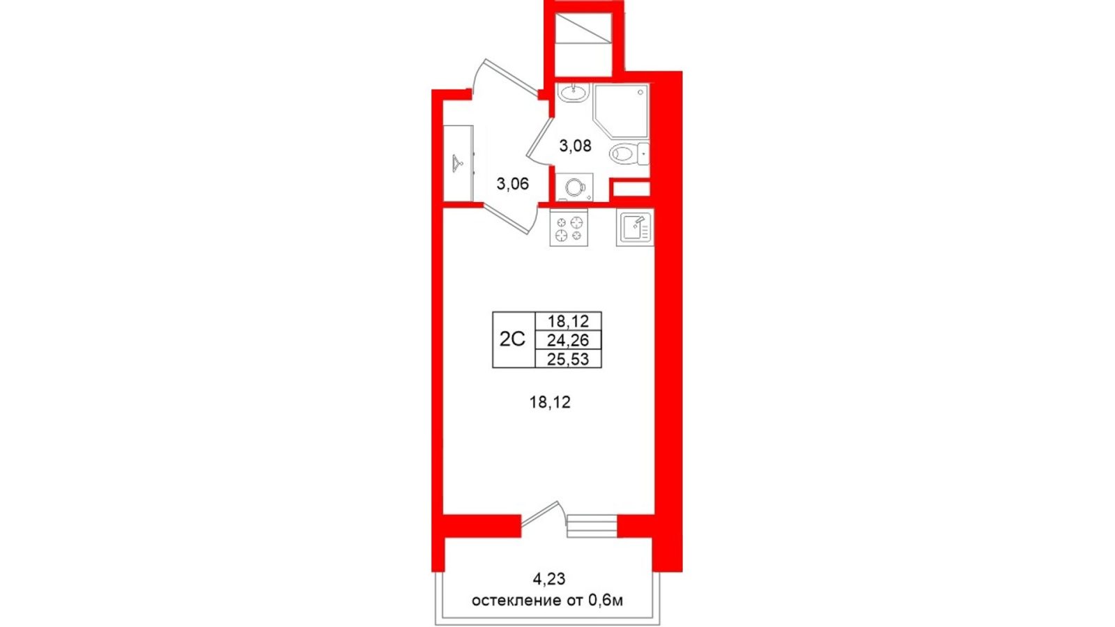 Планировка: студия, 24,3 м²