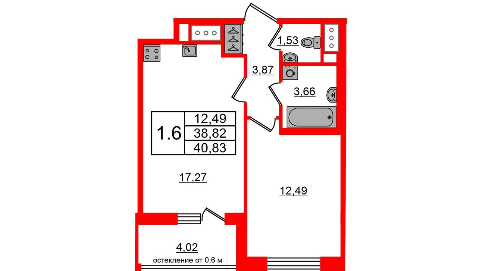 Планировка: 1-комнатная квартира, 38,8 м²