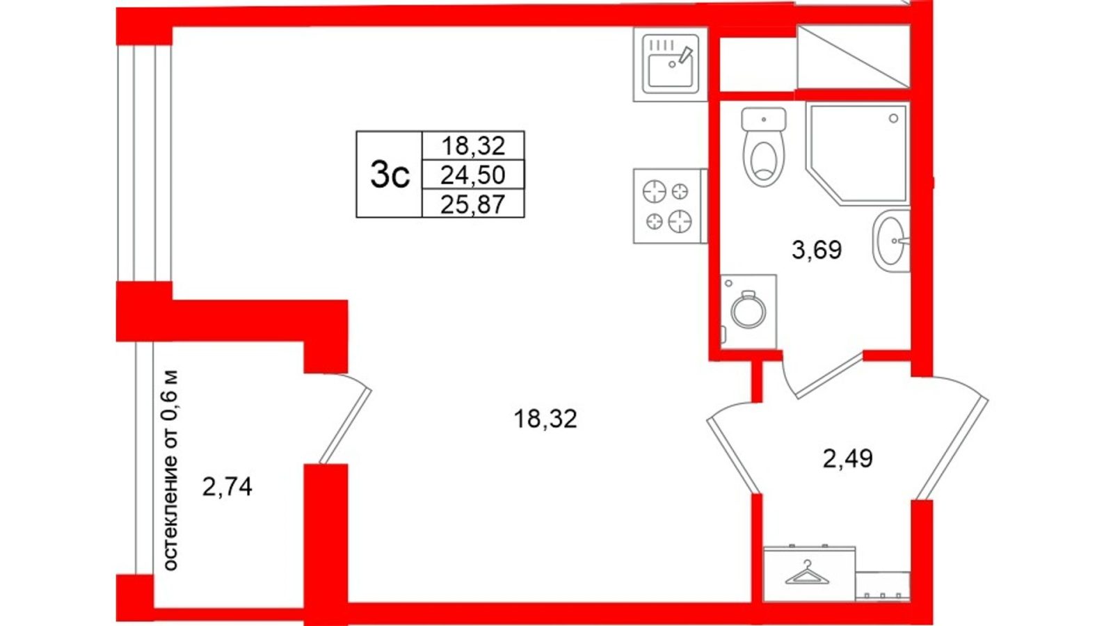 Планировка: студия, 24,5 м²