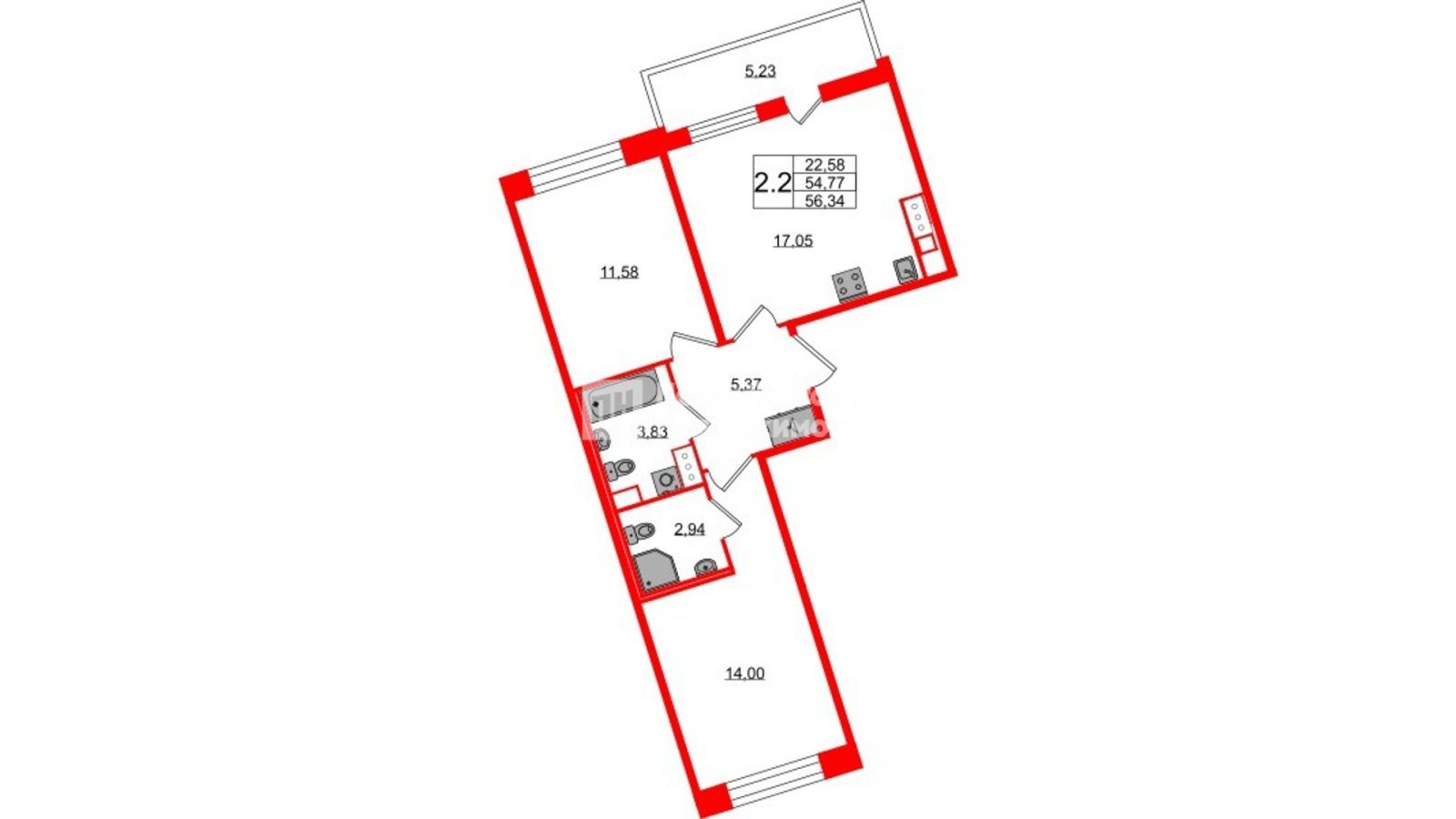 Планировка: 2-комнатная квартира, 54,8 м²