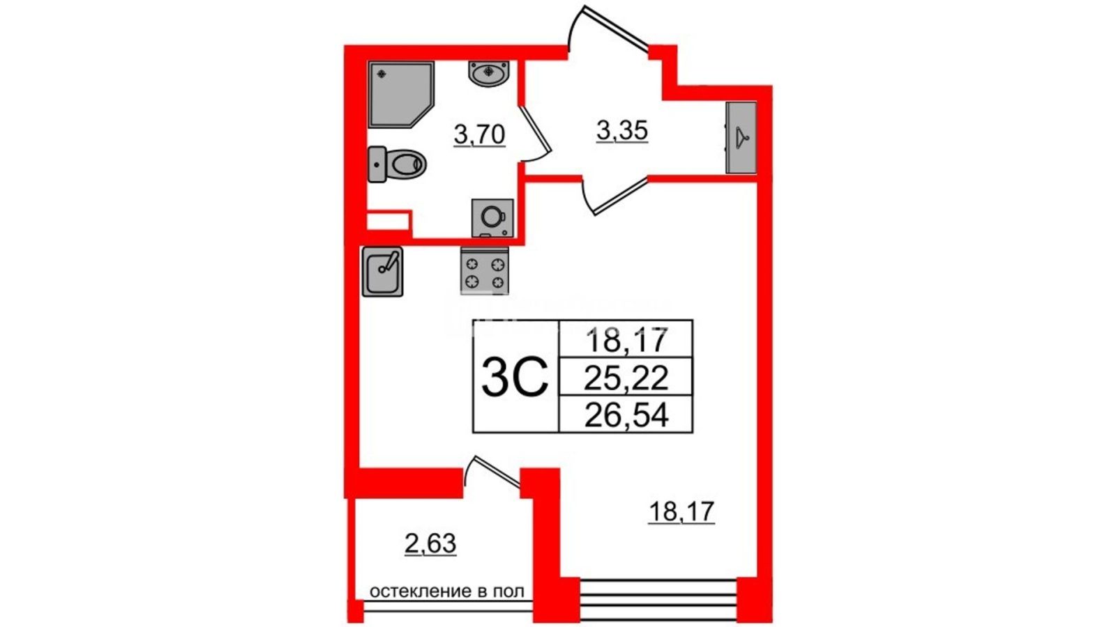 Планировка: студия, 25,2 м²
