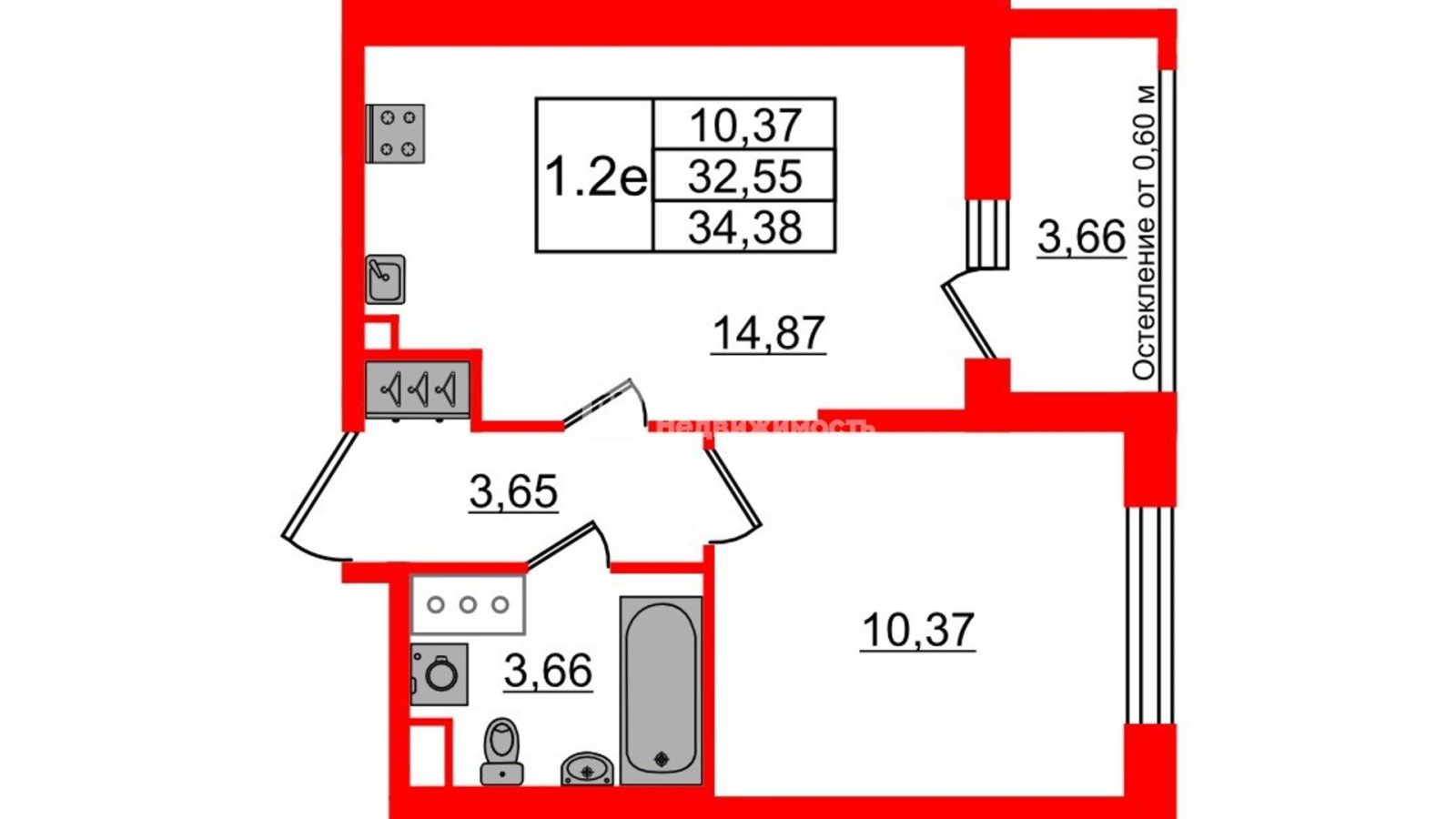 Планировка: 1-комнатная квартира, 32,6 м²