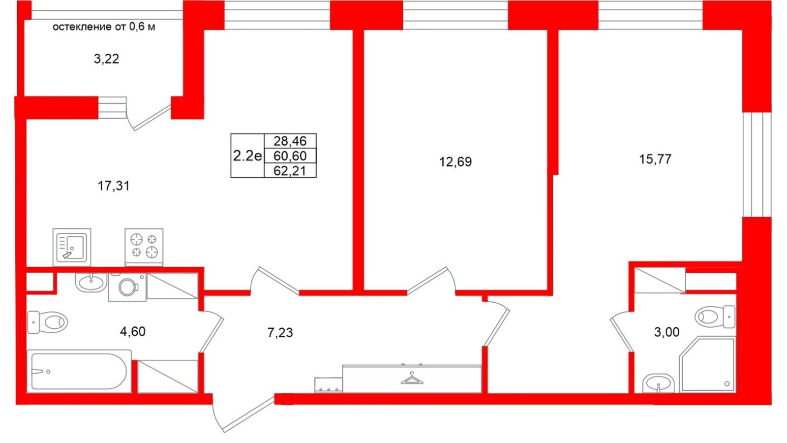 Планировка: 2-комнатная квартира, 60,6 м²