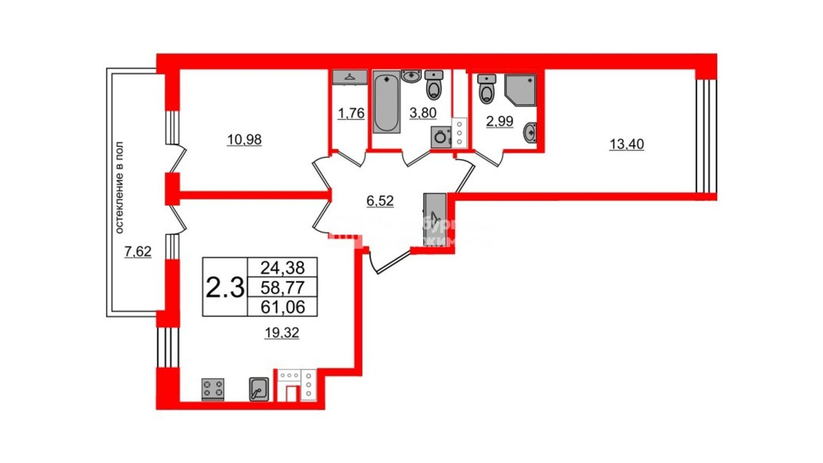 Планировка: 2-комнатная квартира, 58,8 м²