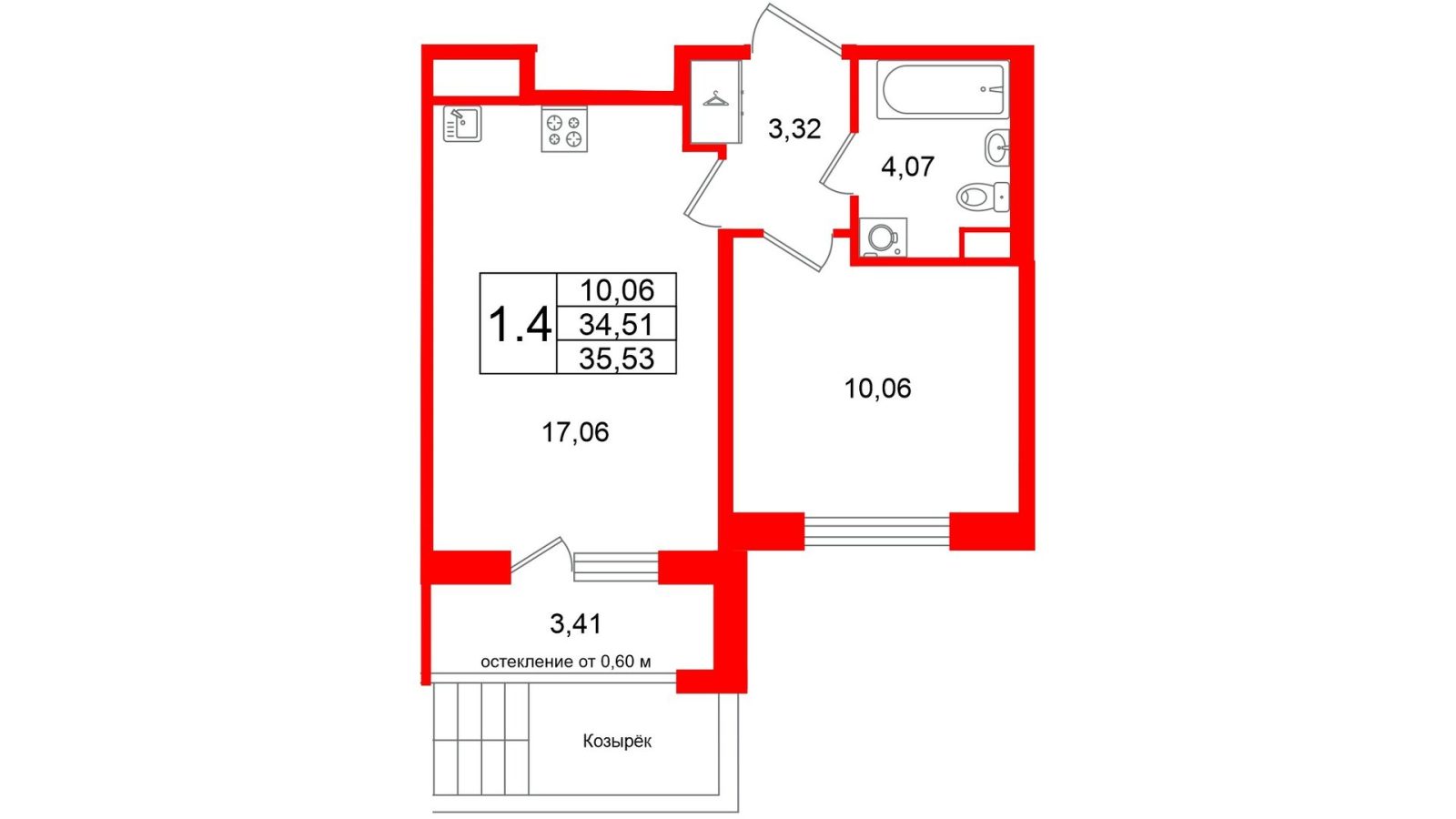 Планировка: 1-комнатная квартира, 34,5 м²