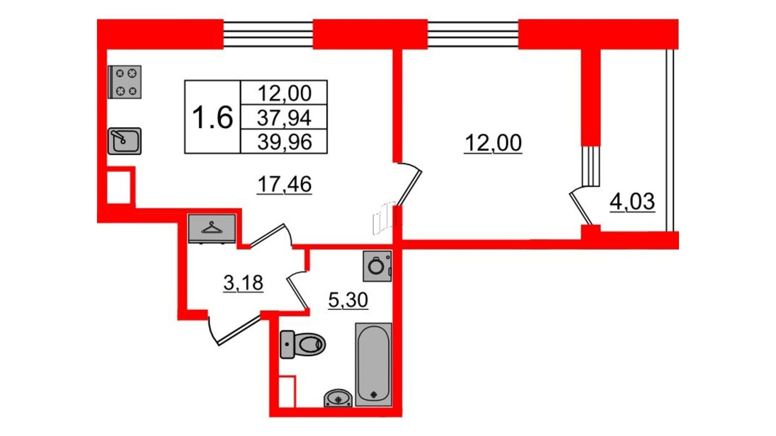 Планировка: 1-комнатная квартира, 37,9 м²