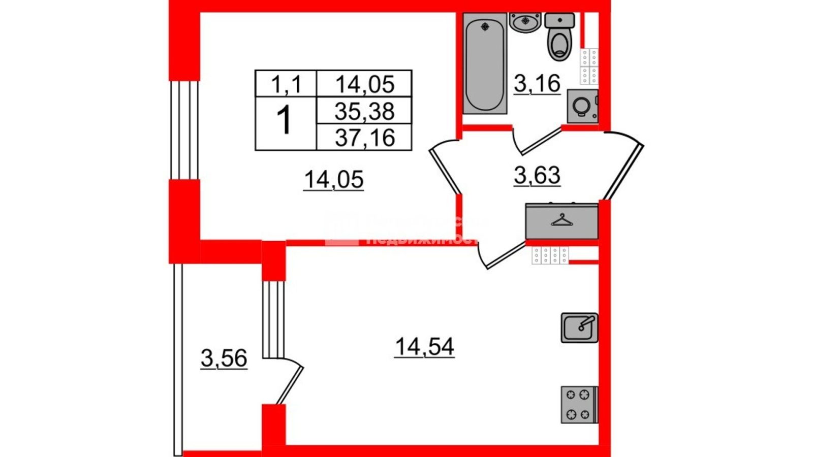 Планировка: 1-комнатная квартира, 34,7 м²