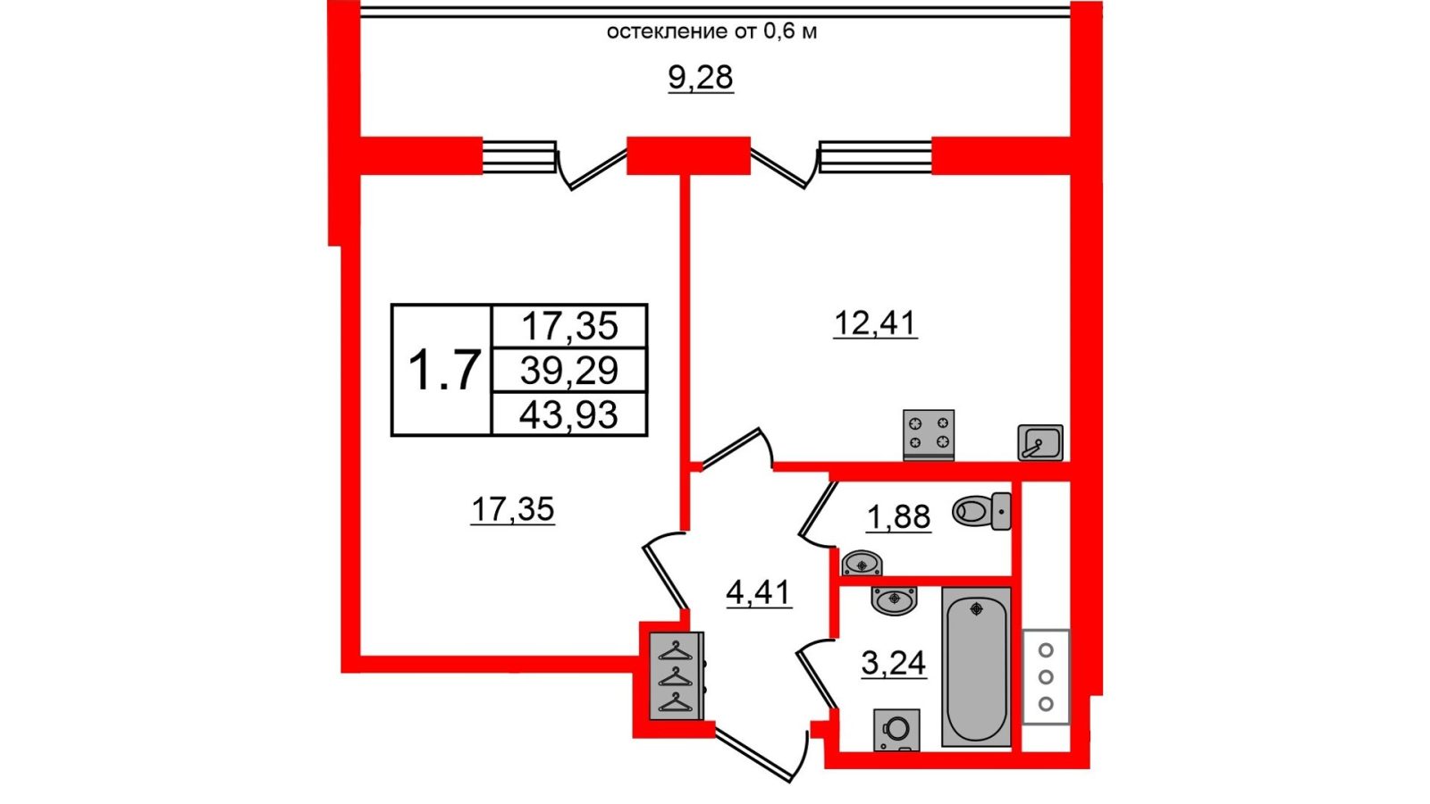 Планировка: 1-комнатная квартира, 39,3 м²