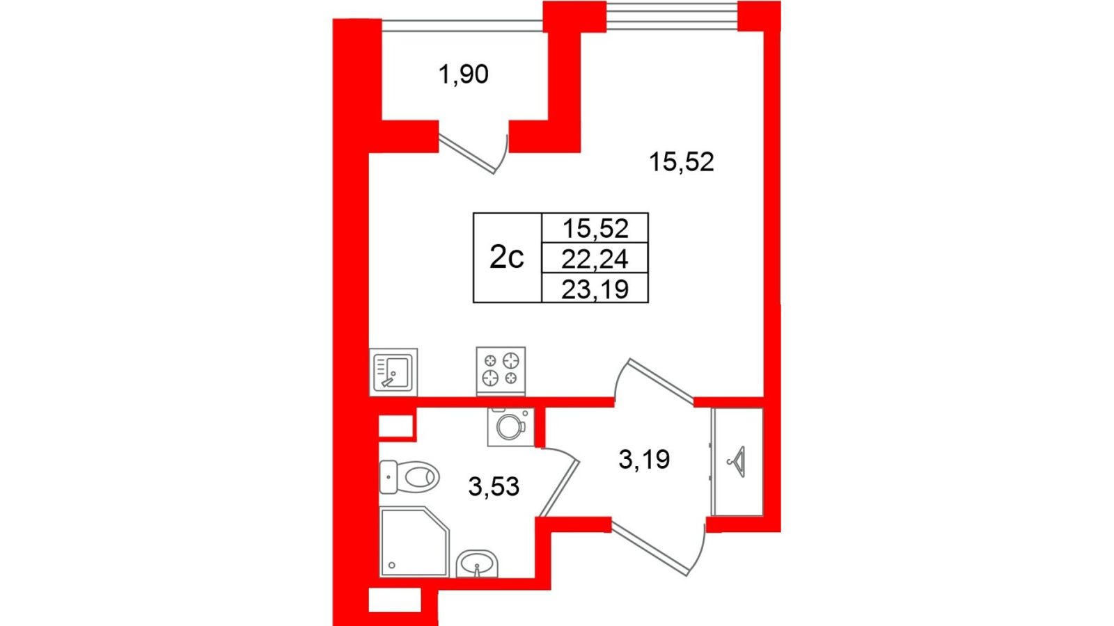 Планировка: студия, 22,2 м²