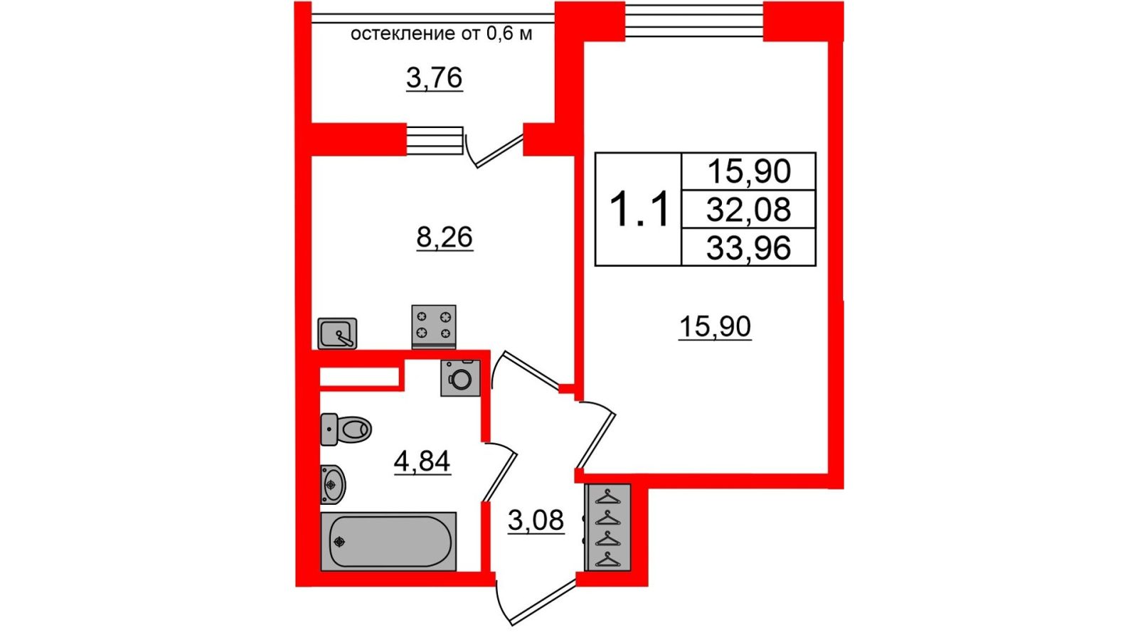 Планировка: 1-комнатная квартира, 32,1 м²