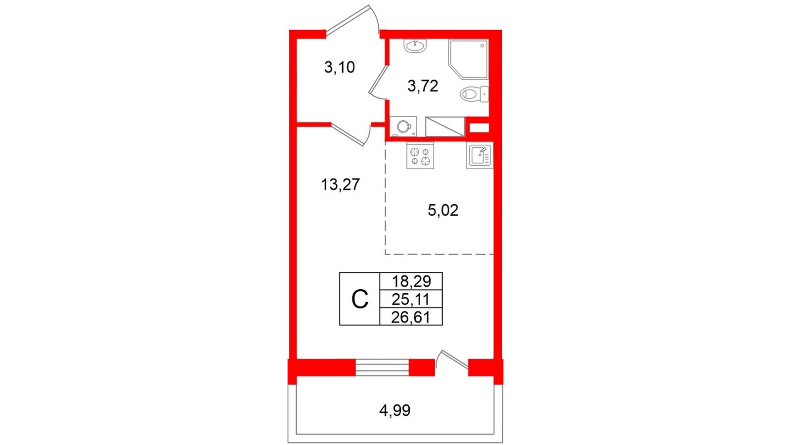 Планировка: студия, 25,1 м²