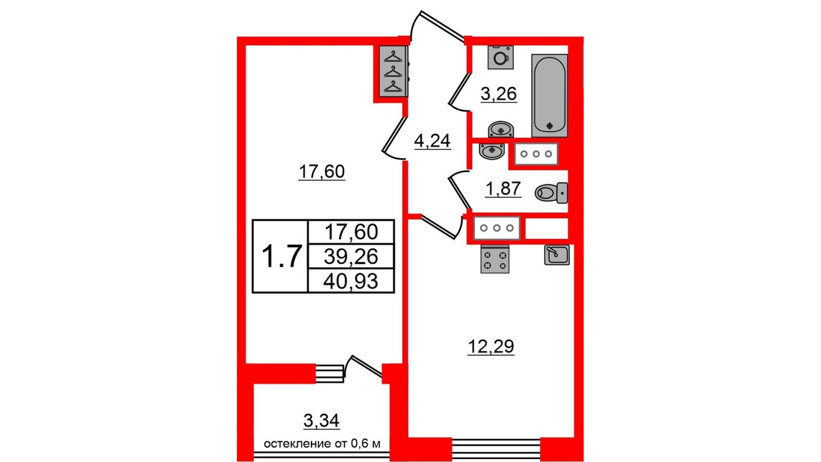 Планировка: 1-комнатная квартира, 39,3 м²
