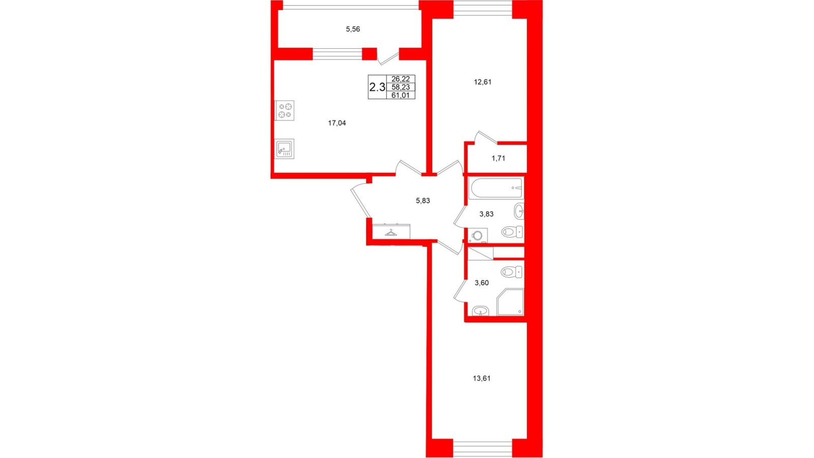 Планировка: 2-комнатная квартира, 58,2 м²