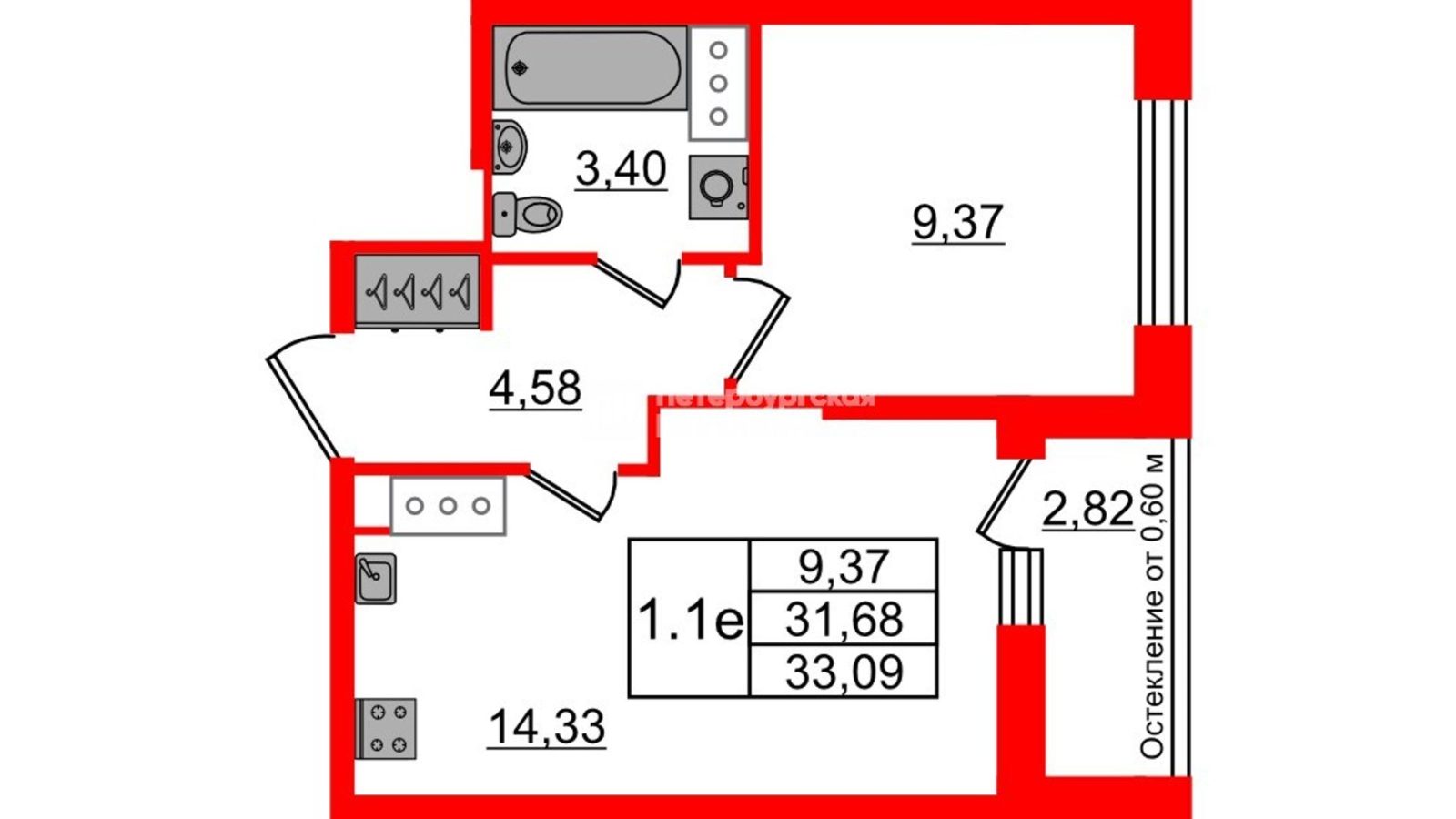 Планировка: 1-комнатная квартира, 31,7 м²