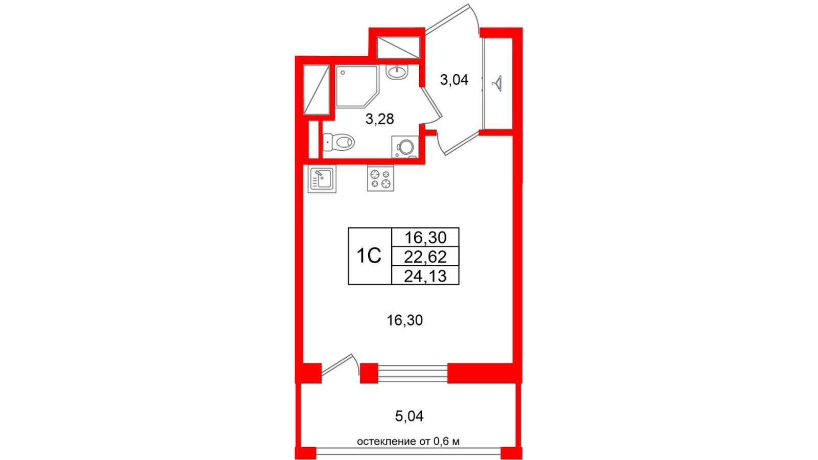 Планировка: студия, 22,6 м²
