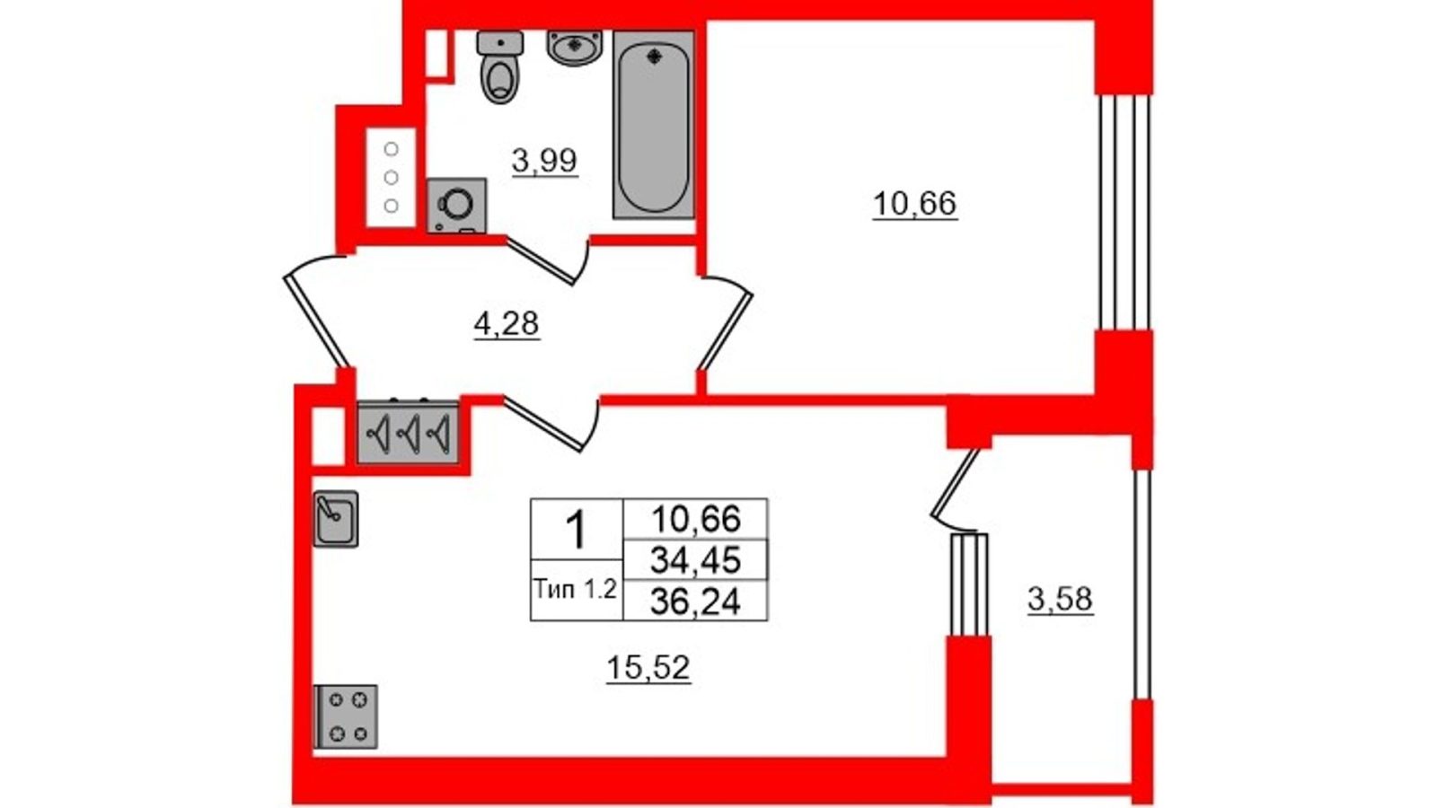 Планировка: 1-комнатная квартира, 34,5 м²
