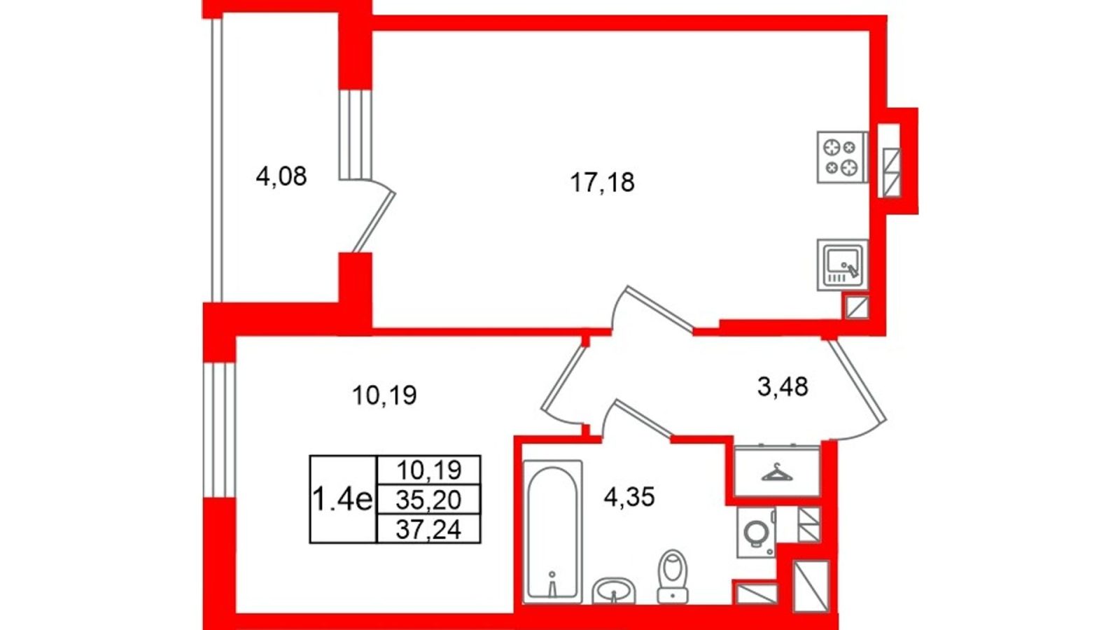 Планировка: 1-комнатная квартира, 35,2 м²