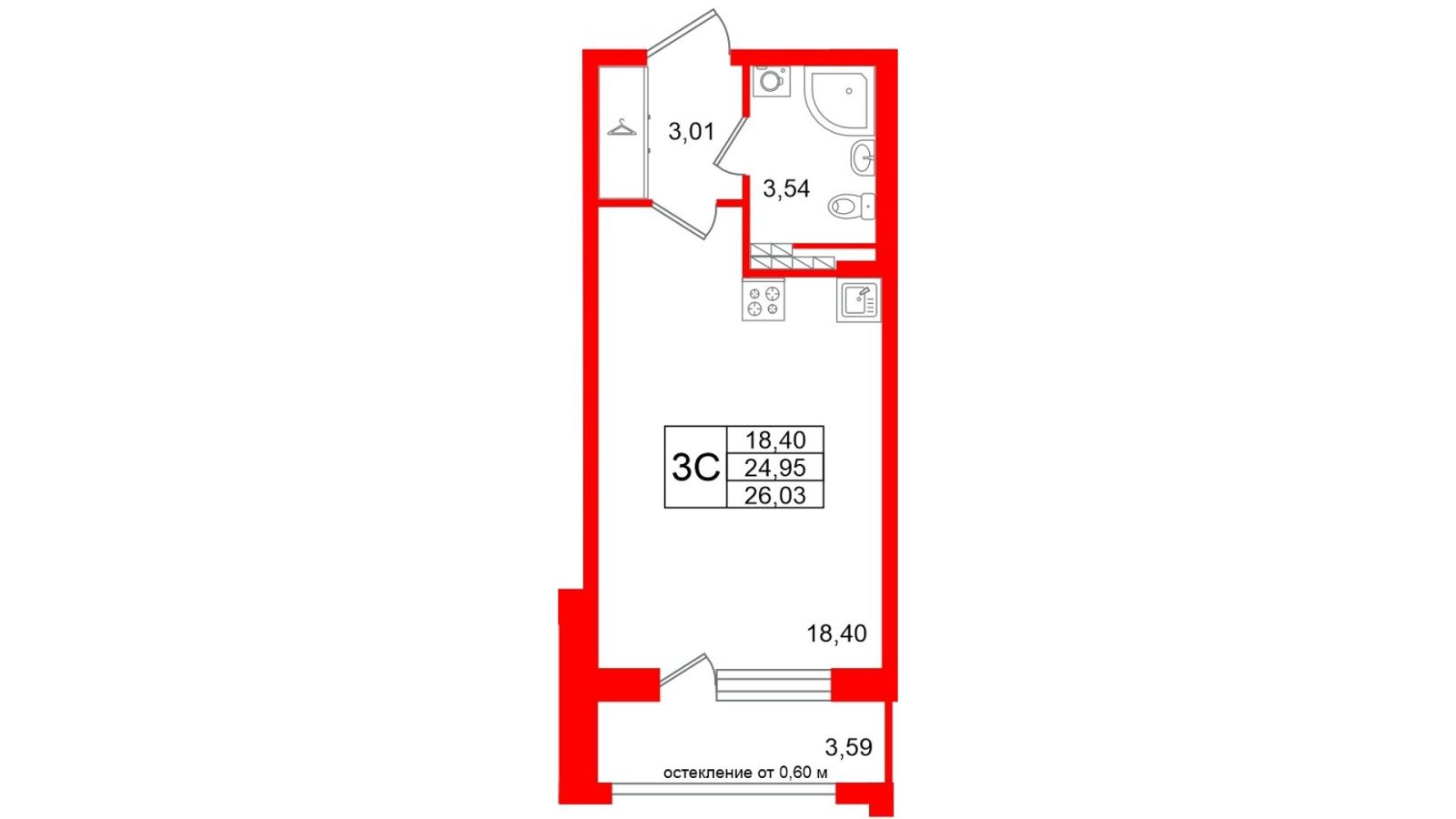 Планировка: студия, 25,0 м²