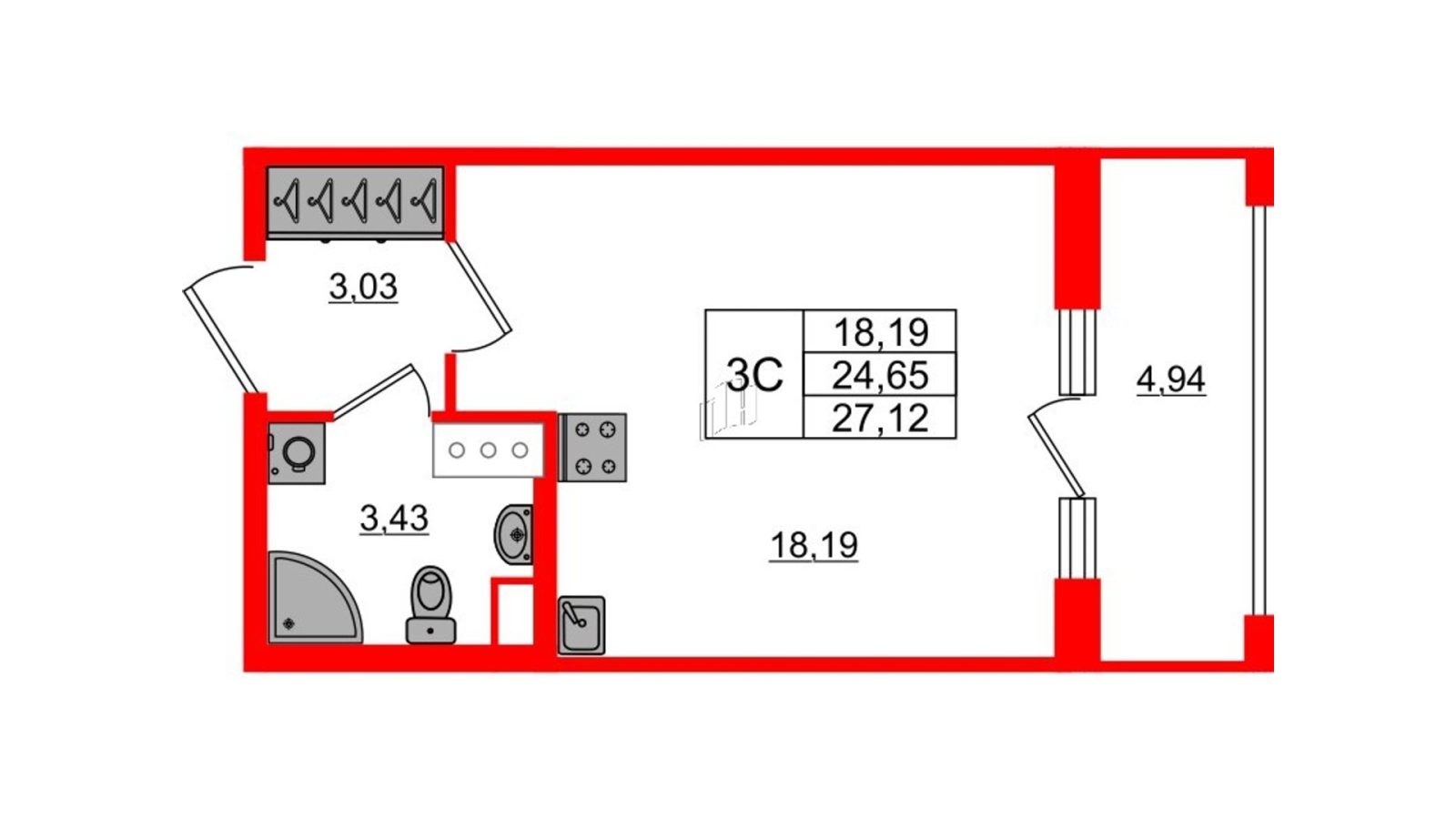 Планировка: студия, 24,7 м²