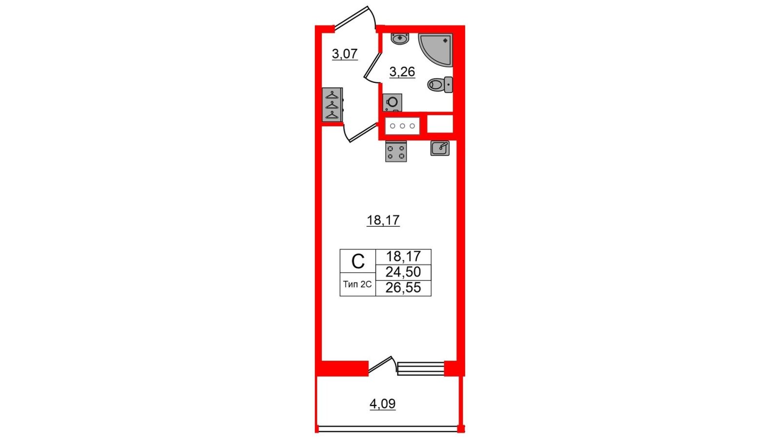 Планировка: студия, 24,5 м²