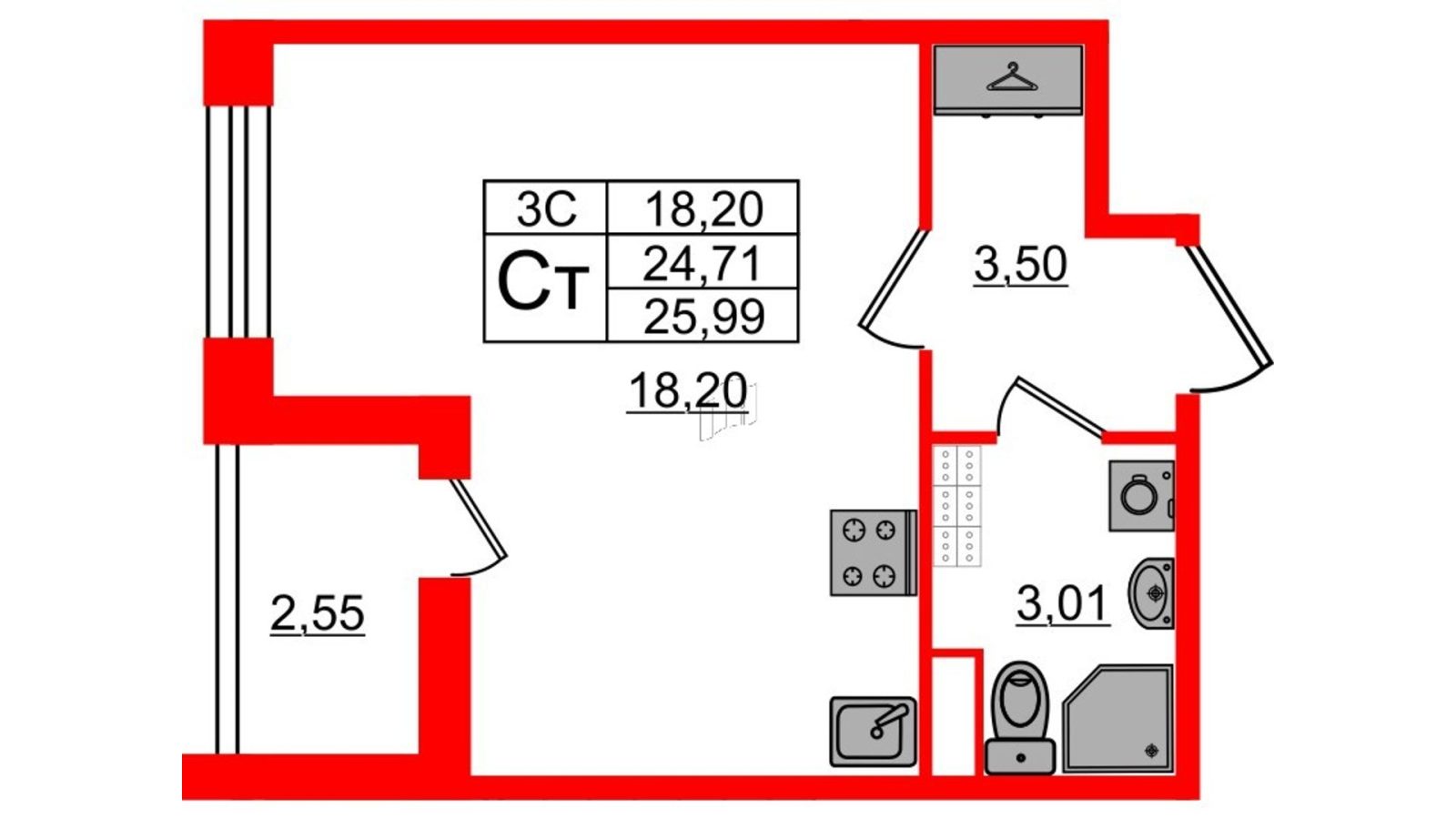 Планировка: студия, 24,4 м²