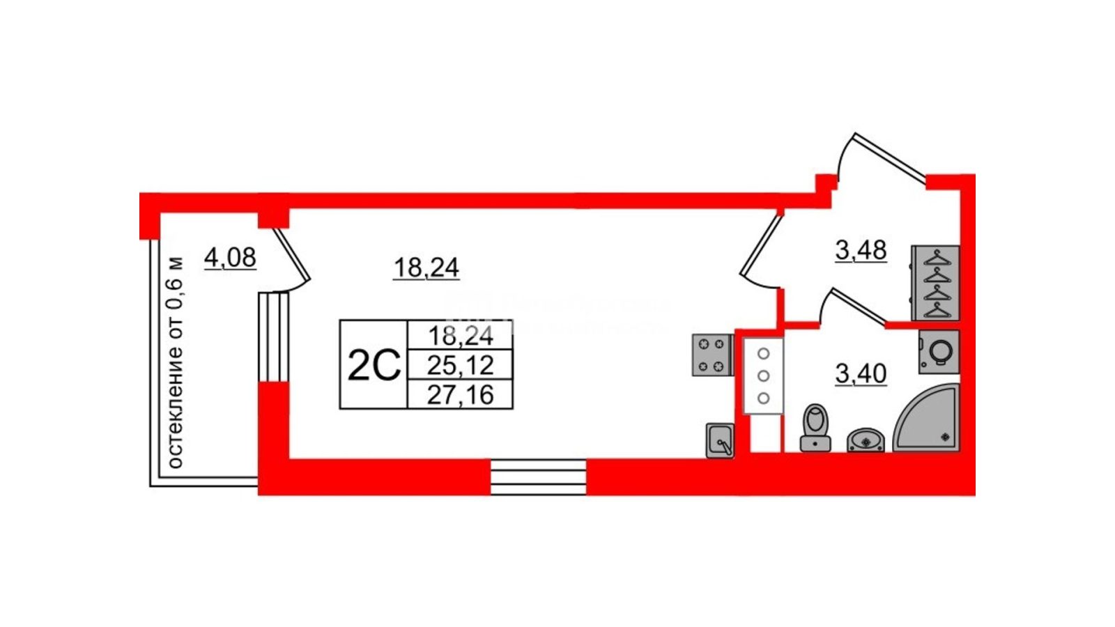 Планировка: студия, 25,1 м²