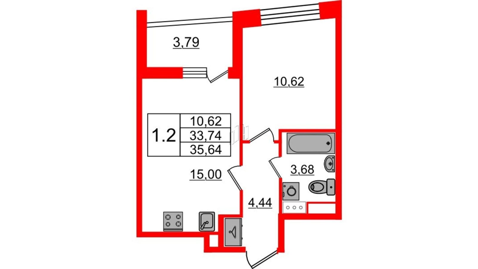 Планировка: 1-комнатная квартира, 33,7 м²