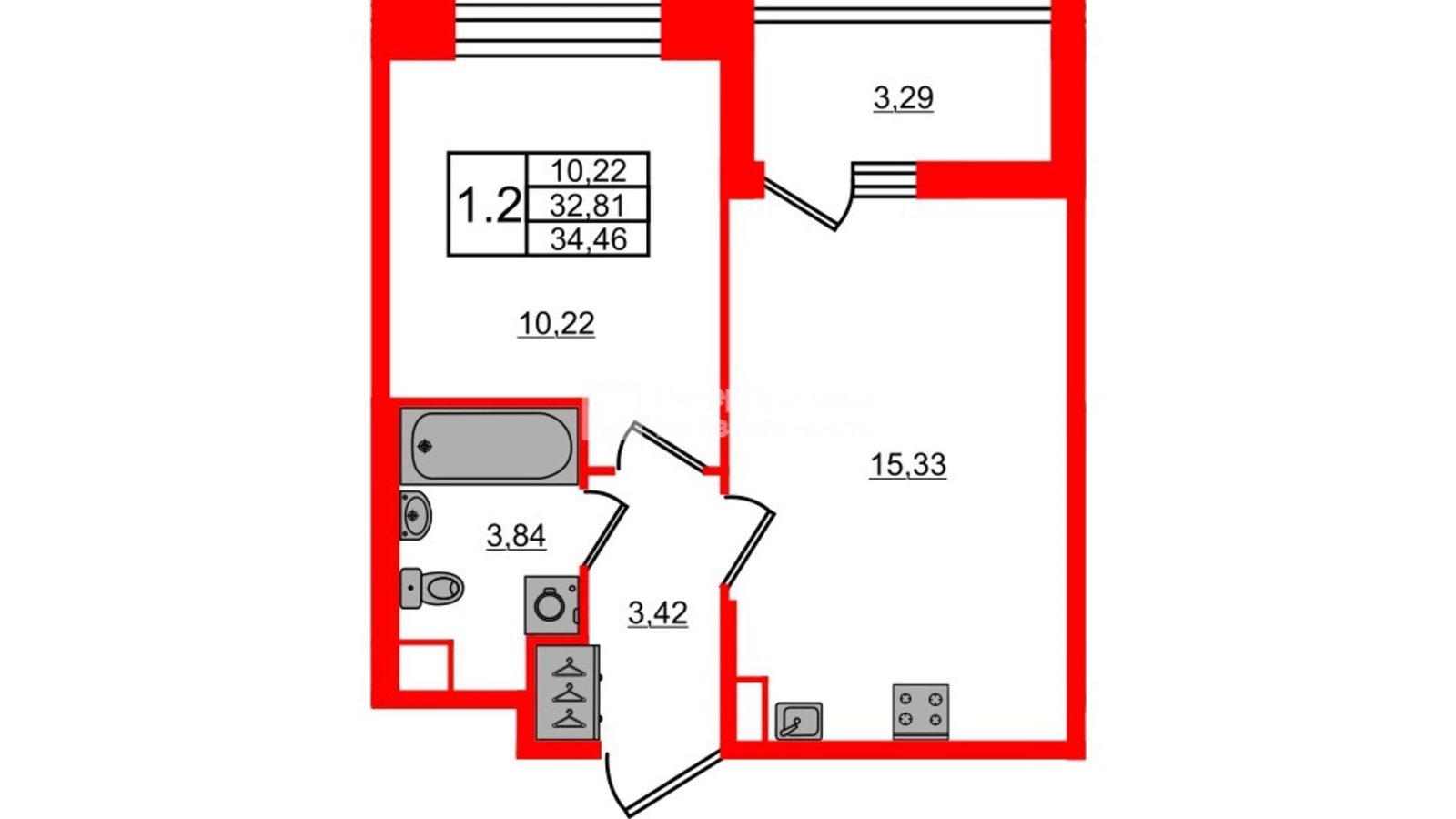 Планировка: 1-комнатная квартира, 32,8 м²