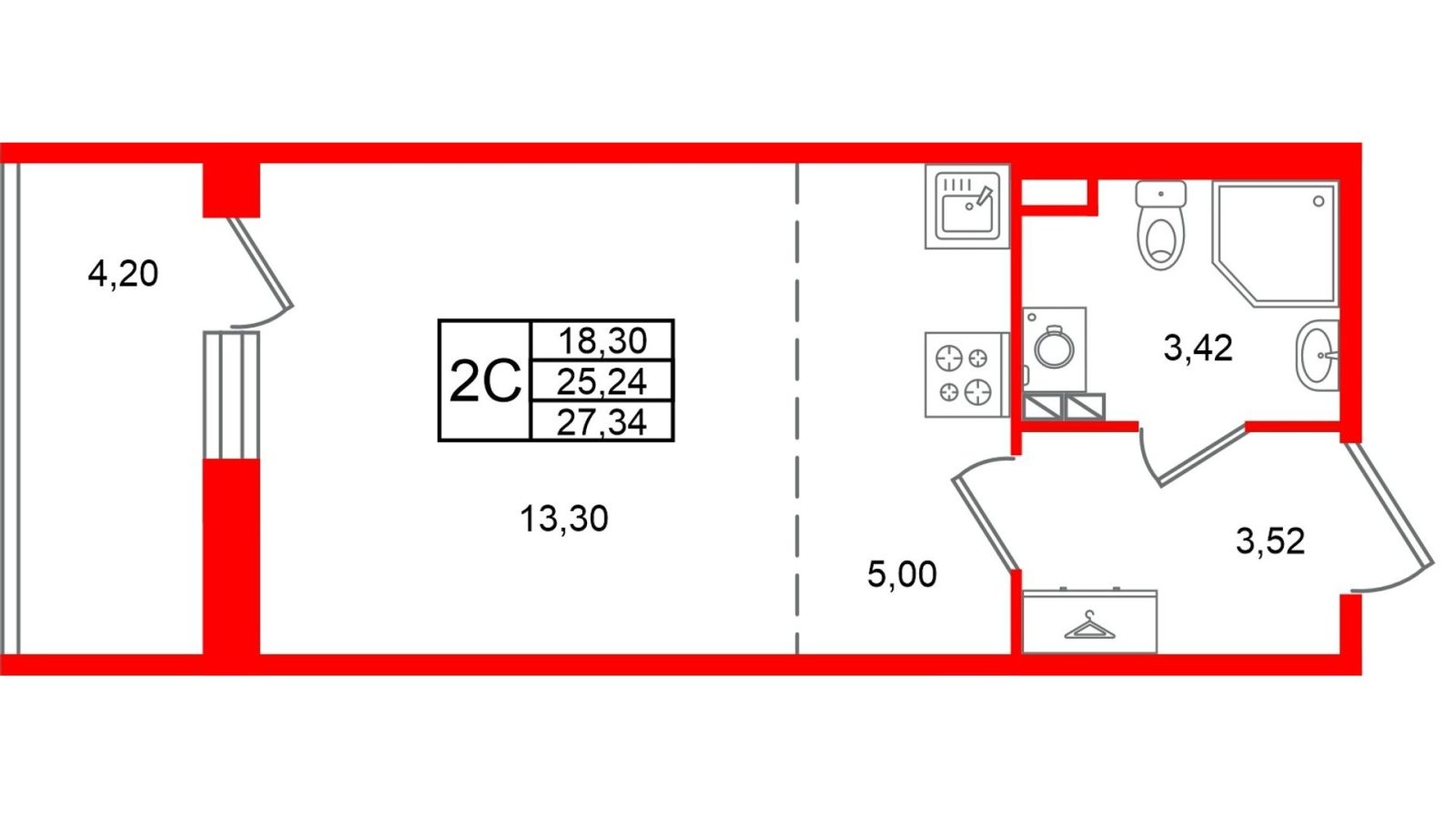 Планировка: студия, 25,2 м²
